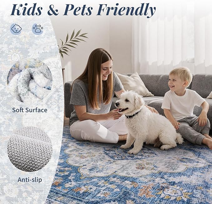 tchdio 2x3 Entryway Rug, Non Slip Front Door Mat Small Washable Rugs, Soft Low Pile Small Area Rug Vintage Doormat, Stain Resistant Rug for Entrance, Kitchen (Blue, 2'x3')
