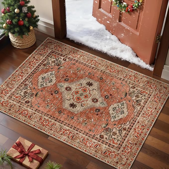 Boho Small Area Rug, 2x3 Washable Rug for Entryway, Vintage Throw Rug Oriental Non Slip Indoor Front Door, Distressed Terracotta Door Mat Carpet, Soft Low Pile Rugs for Entrance Kitchen Bedroom