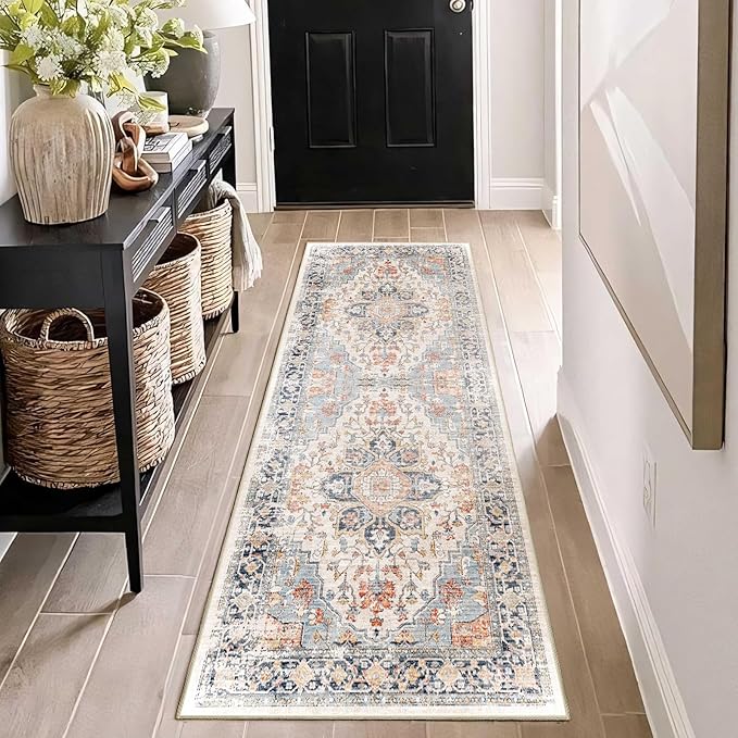 Enkor Runner Rug for Hallway, 2x6 Washable Soft Non Slip Floor Rugs for Kitchen, Modern Mat for Living Room Bedroom Entryway Orange & Black