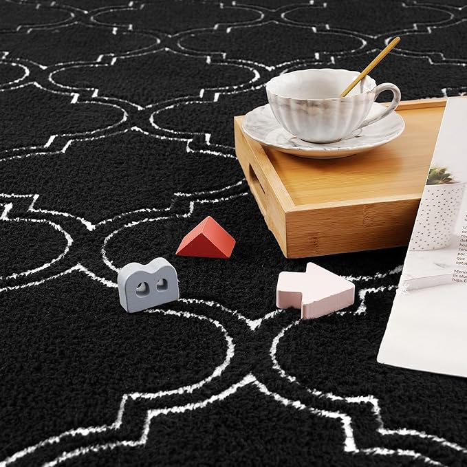 Amearea Fluffy Indoor Area Rug, Soft Trellis Moroccan Rugs for Bedroom, Shag Modern Area Rug for Living Room Kids Room Nursery, Easy Clean, Home Decor Low Pile Carpet, Black 6x9 Feet