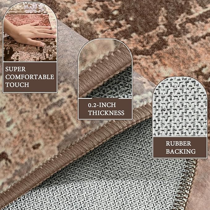 LOCHAS Rug for Living Room, Washable Soft Area Rugs for Bedroom 8x10, Abstract Carpet for Office Kids Dining Room Nursery Floor, Brown Pink Geometric Vintage Home Decor, Non Slip, Pet Child Friendly