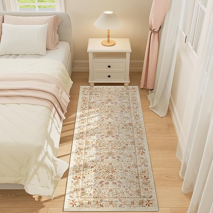 DUKINO 2x5 Washable Runner Rug, Floral Non Slip Bathroom Rugs with Soft Low Pile Design, Lightweight Non-Shedding Carpet Runner for Bathroom, Kitchen, Hallway, Bedroom, Laundry, Beige