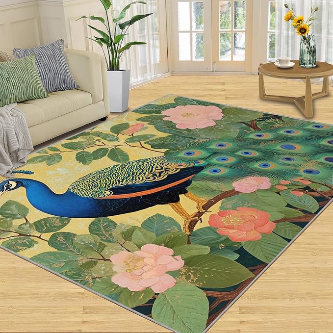 Peacock Peony Rugs for Bedroom - 6x9 Rug, Peacock Decor Area Rugs for Living Room, Peony Flower Carpet, Floral Animal Washable Area Mat, Aesthetics Carpet - Peafowl Home Decor & Gifts
