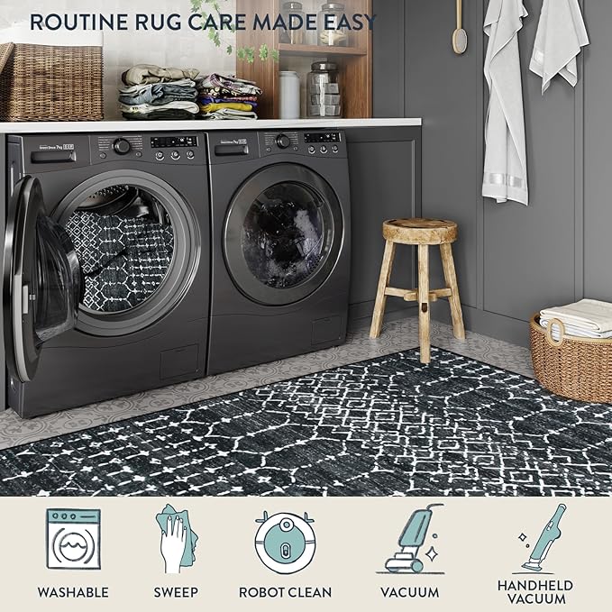 Lahome Moroccan Black Area Rugs 8x10 Living Room Non-Slip Backing Ultra-Thin Large Rug Throw Stain Resistant Dining Room Rugs for Under Table, Geometric Print Modren Soft Rug for Bedroom Office