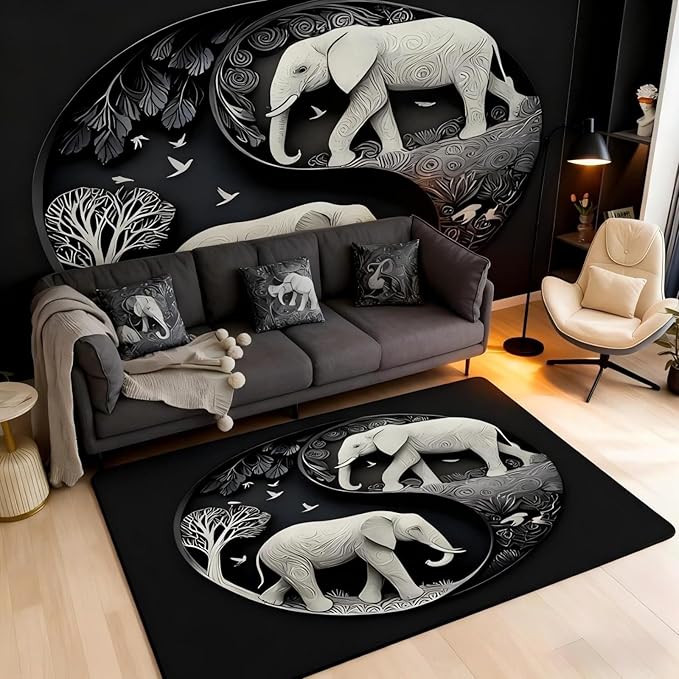 Elephant Area Rug 3x5 Bohemian Style Rugs for Living Room | Antique Decor Yin and Yang Washable Rug, Western Animals Carpet Indoor Floor Mat,Black Grey Beige
