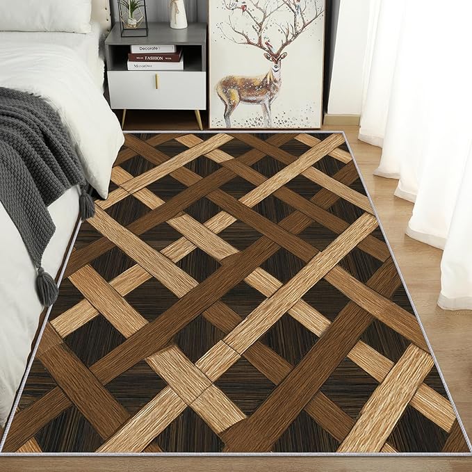 Checkered Rug, Washable 5x6 Rug for Living Room, Wood Grain Patterned Indoor Carpet, Checkered Geometric Decor for Home, Bedroom, Soft Non Slip Thin Design FER27