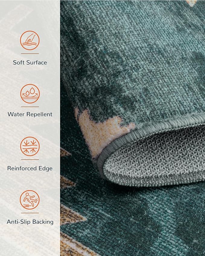Area Rug 8x10 Rug Machine Washable Non-Slip Low Pile Print Pattern Western Rug for Living Room Bedroom Entryway Tribal Series -Teal/Green