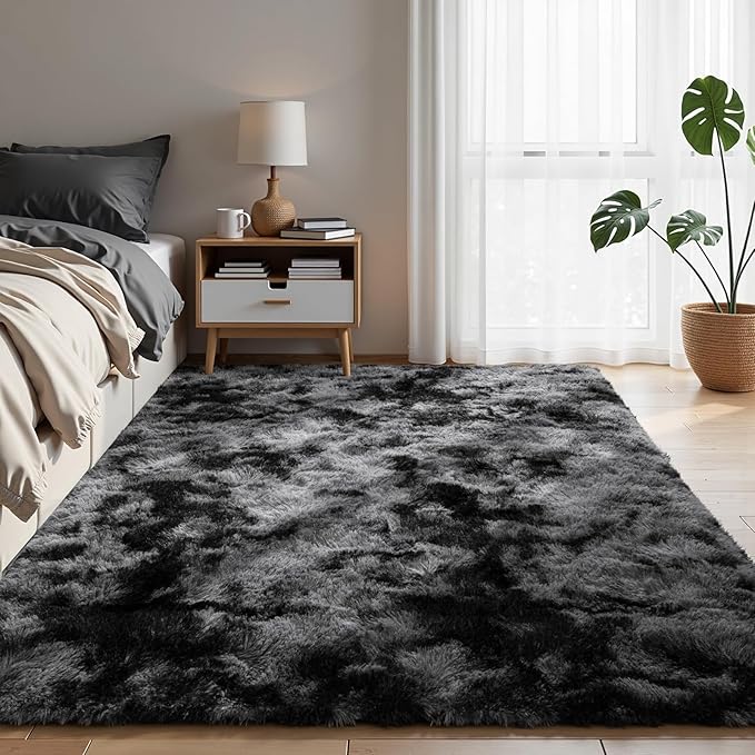Zentavio Black and Grey Area Rugs for Living Room Men Room Carpet 4x6 Bedroom Fluffy Furry Shag Aesthetic Plush High Pile Floor Rug for Kids Room Dorm Home Decor Gray