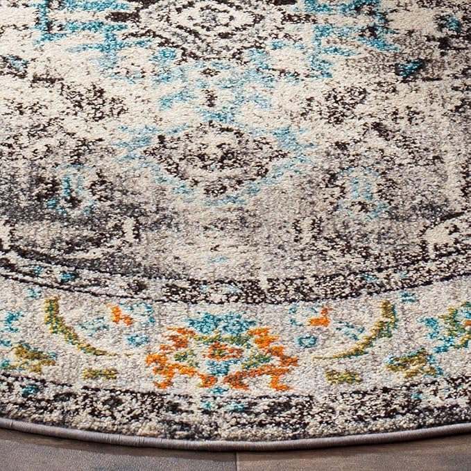 SAFAVIEH Monaco Collection Area Rug - 8'8" Round, Grey & Light Blue, Boho Chic Medallion Distressed Design, Non-Shedding & Easy Care, Ideal for High Traffic Areas in Living Room, Bedroom (MNC243G)