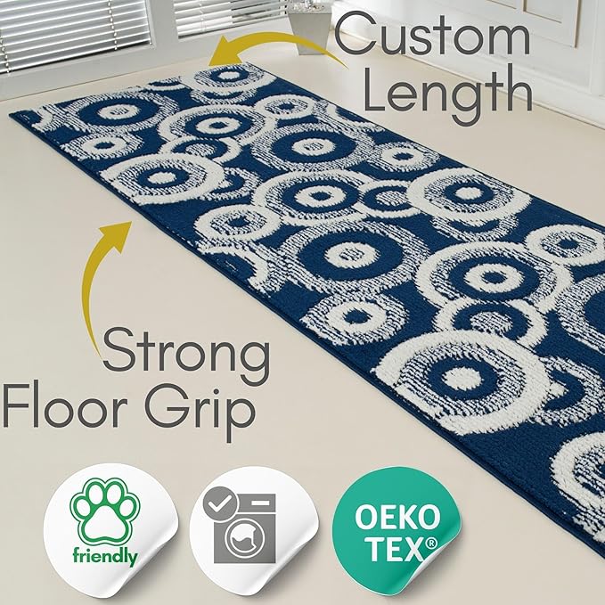 21 ft Extra Long Blue Hallway Runner Rug | Non-Slip & Machine Washable | Custom Cut to Size 2'3" x 21' (Runner) | REMNAZ