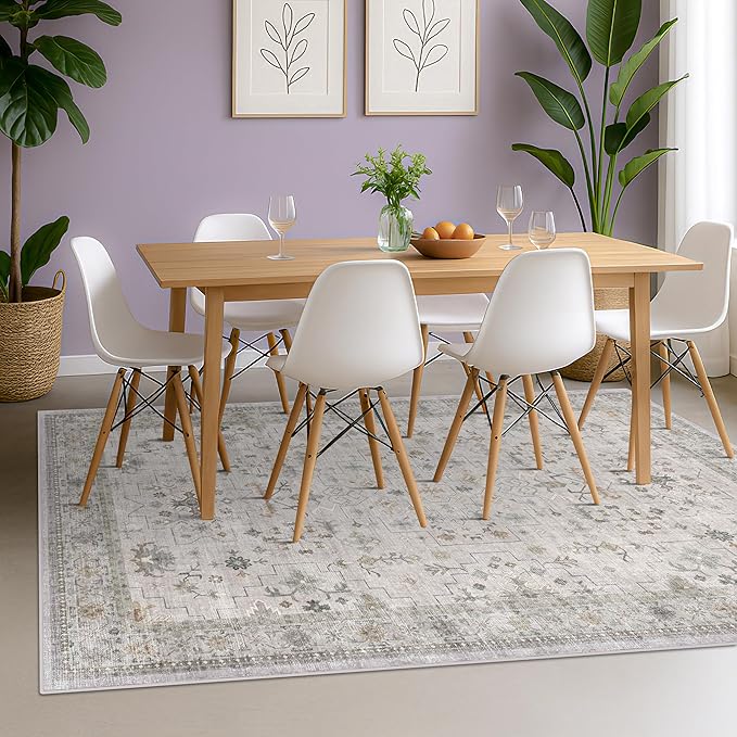 Boho Light Grey Living Room Rug 7x9 - Modern Eclectic Floral Paste Neutral Taupe, Washable Low Pile Non-Slip Large Area Rugs for Dining Under Table, Bedroom Under Bed