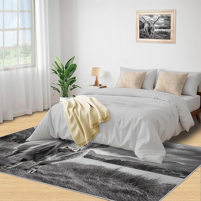 Highland Cattle Rugs for Bedroom - 4x5 Area Rug - Black White Highland Cattle Rugs for Living Room, 3D Natural Landscape Rug, Non-Slip Washable Home Decor Carpet