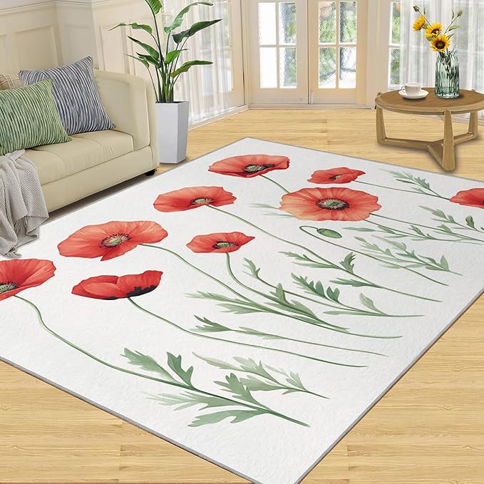 Little Red Flower Rugs for Bedroom - 3x4 Area Rug - Abstract 3D Flowers Rugs for Living Room, Modern Simple Art Rug, Non-Slip Washable Home Decor Carpet