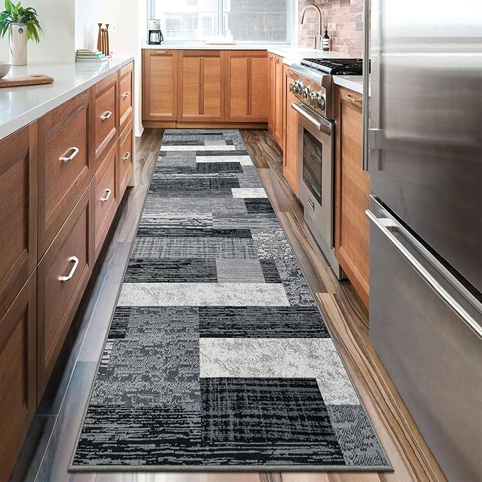 Indoor Runner Rug, Washable Runner Rug with Rubber Backing, Modern Geometric Patchwork Aesthetic Carpet for Bedroom, Living Room, Hallway, Entryway, Washable Rugs Rockwood Collection, 2.7x10 Ft Grey