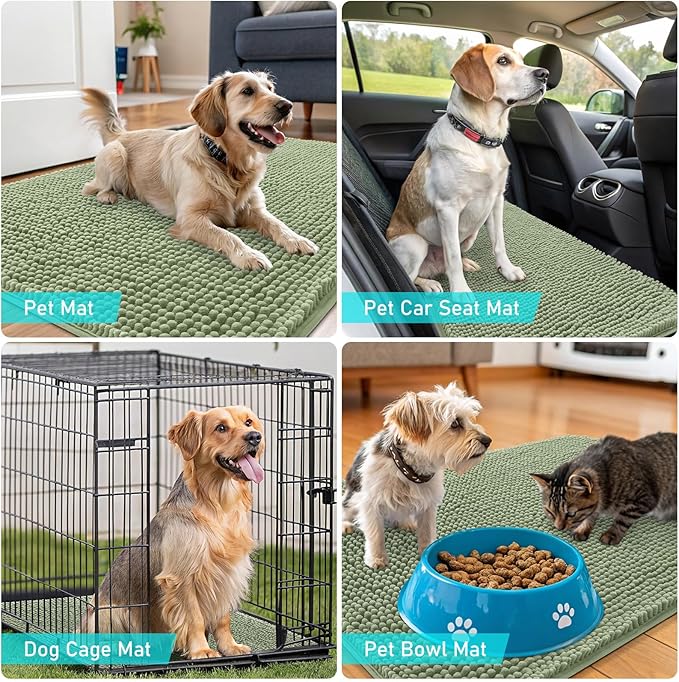 OLANLY Dog Door Mat for Muddy Paws 70x35, Absorbs Moisture and Dirt, Absorbent Non-Slip Washable Doormat, Quick Dry Chenille Mud Mat for Dogs, Entry Indoor Entryway Carpet for Inside Floor, Sage Green