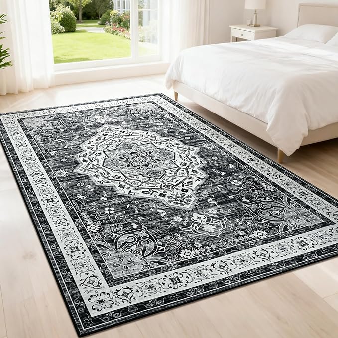 Black 4x6 Rug for Bedroom, Non Slip Washable Area Rugs for Living Room, Distressed Indoor Retro Accent Vintage Carpet for Kitchen, Office, Dining Room, Farmhouse, Kids Room