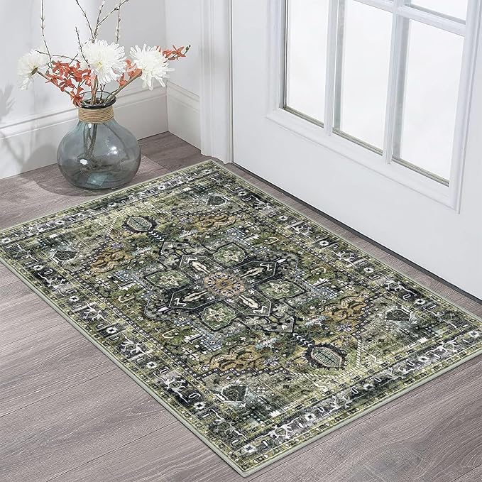 KOZYFLY Small Area Rug 2x3 Ft Rugs for Entryway Washable Boho Entry Rug Non Slip Door Mat Indoor Entrance Faux Wool Vintage Printed Kitchen Rug Throw Rugs for Entrance Kitchen, Charcoal/Green/Olive