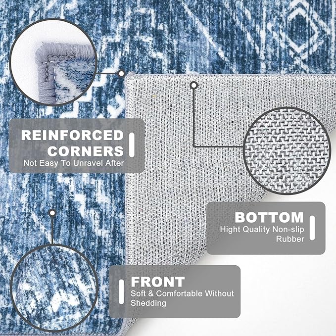 KILOCOCO Runner Rug 2x6 Hallway Runner Rugs Washable Kitchen Runners Non Slip Printed Distressed Blue Laundry Room Rug, Low-Pile Soft Rug Runners for Entryway Bedroom Living Room Bathroom