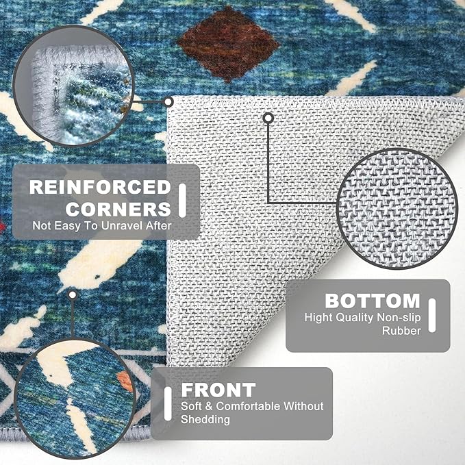 KILOCOCO Living Room Rug 5x7 Area Rug Printed Boho Washable Bedroom Rugs Non Slip Soft Large Moroccan Rubber Backed Indoor Rugs for Dining Room Office Farmhouse Geometric Carpet, Teal/Blue