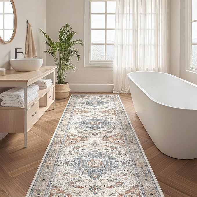 Runner Rug Kitchen Washable Rugs: 3x8 Non-Slip Boho Vintage Distressed Stain Resistant Indoor Neutral Farmhouse Throw Carpet for Hallway Bathroom Laundry Room Entryway Bedroom- Beige Blue