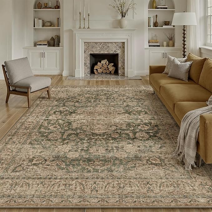 10x12 Vintage Area Rug Green Brown Living Room Bedroom Washable Carpet Non-Slip Soft Low Pile Distressed Indoor Large Throw Rug for Dining Room Office