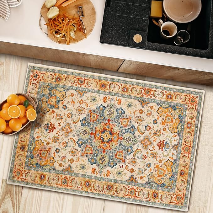 COMSLE Boho Area Rug, 2 x 3 Ft Washable Small Rugs for Entryway Faux Wool Distressed Non-Slip Floor Carpet Indoor Door Mat for Bedroom Kitchen Living Room