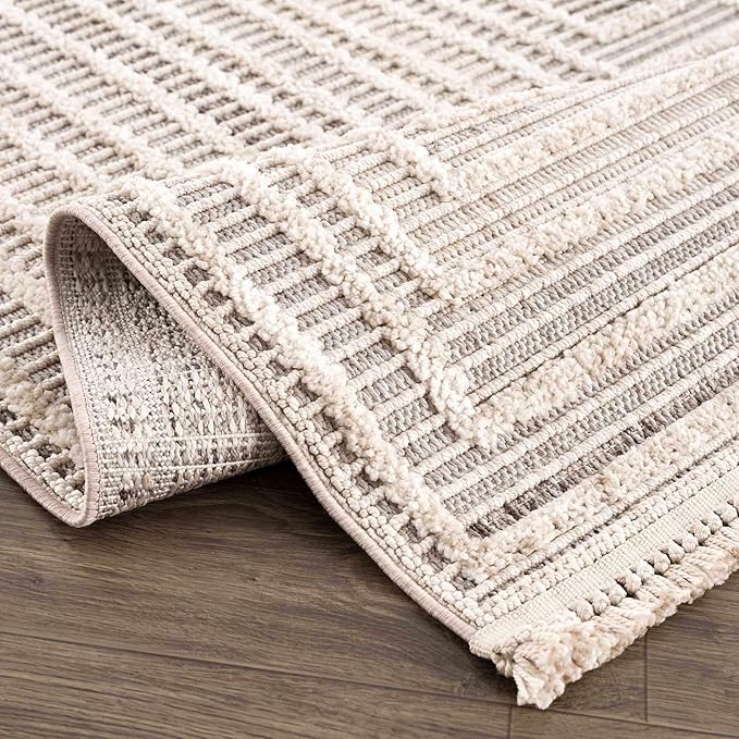 Hauteloom Lunao Living Room, Bedroom Area Rug - Geometric, Solid & Striped - Charcoal, Cream, Beige - 2'7" x 4'
