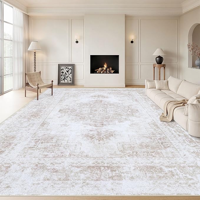 Area Rug 10x14 Living Room Rug, Machine Washable Vintage Distressed Medallion Rug Non-Slip Soft Low Pile Large Indoor Rugs for Bedroom Kitchen Dining Room Office(Beige,10'x14')