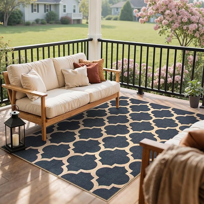 Lahome Moroccan 3x5 Outdoor Rug, Easy Jute Blue Washable Rug for Entryway Front Porch, Geometric Trellis Woven Non Slip Door Mat for Entrance, Thin Non Shedding Farmhouse Throw Rugs for Balcony