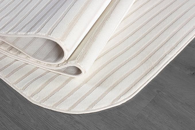 Beverly Rug Modern Geometric Area Rug 8x10 Low-High Pile Durable Soft Abstract Striped Indoor Rugs for Living Dining Room Office Stain Resistant Non Shedding Casual Indoor Carpet Beige White 8 x 10