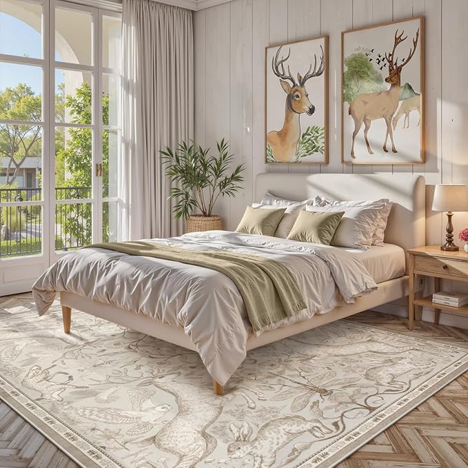 Lahome Boho Animal Washable Rugs for Living Room 8x10, Beige Soft Rugs for Bedroom, Botanical Large Boho Non Slip Dining Room Carpet for Under Table Office Kids Playroom (8x10ft,Beige)