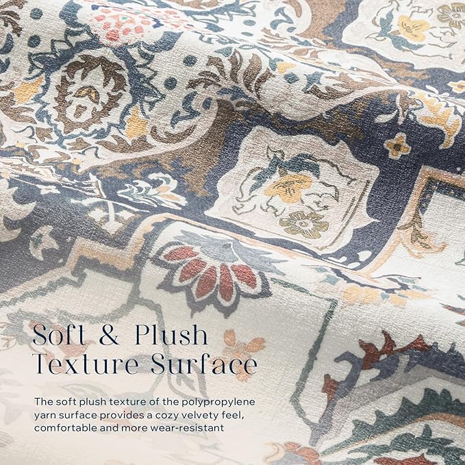 Phantoscope Washable Area Rug 9'x12' Non-Slip, Vintage Boho Rugs for Living Room, Bedroom, Dining Room, Persian Floral Medallion Pattern, Low-Pile Foldable Floor Carpet, Ivory Blue/Garden Bloom