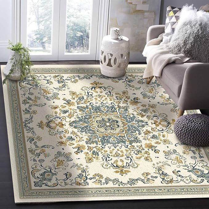 Bohemian Rectangular Area Rugs for Living Room Bedroom 5 x 8 ft Vintage Farmhouse Floral Pattern Non-Shedding Soft Low Pile Rug Non Slip Washable Rug for Nursery Entryway Playroom