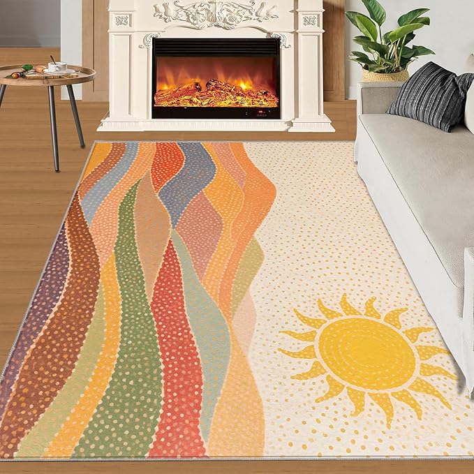 Boho Sun Area Rugs 5x6ft, Mosaic Sunburst Rugs for Kids Bedroom, Dotted Gradient Hills Office Rug Low Pile are Not Stumbling Foot for Living Room End Table Nursery