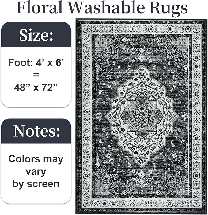 Black 4x6 Rug for Bedroom, Non Slip Washable Area Rugs for Living Room, Distressed Indoor Retro Accent Vintage Carpet for Kitchen, Office, Dining Room, Farmhouse, Kids Room