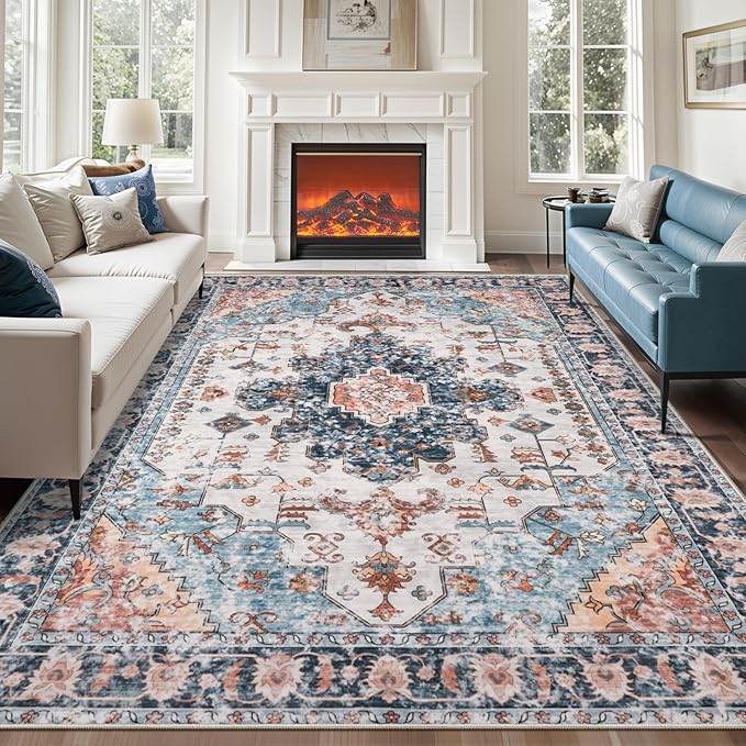Tangsoo 8x10 Area Rug for Living Room, Washable Vintage Indoor Non Slip Large Area Rugs, Print Distressed Blue/Beige Carpet, Soft Low Pile Foldable Floor Rug for Bedroom Dining Room Dorm