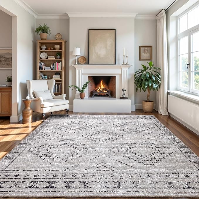 ILANGO Area Rugs 5x7, Moroccan Grey Rugs for Living Room Machine Washable Area Rugs Dedroom with Rubber Backing Non Slip Carpet for Farmhouse Dining Room, Ultra-Thin, Foldable, Easy Clean
