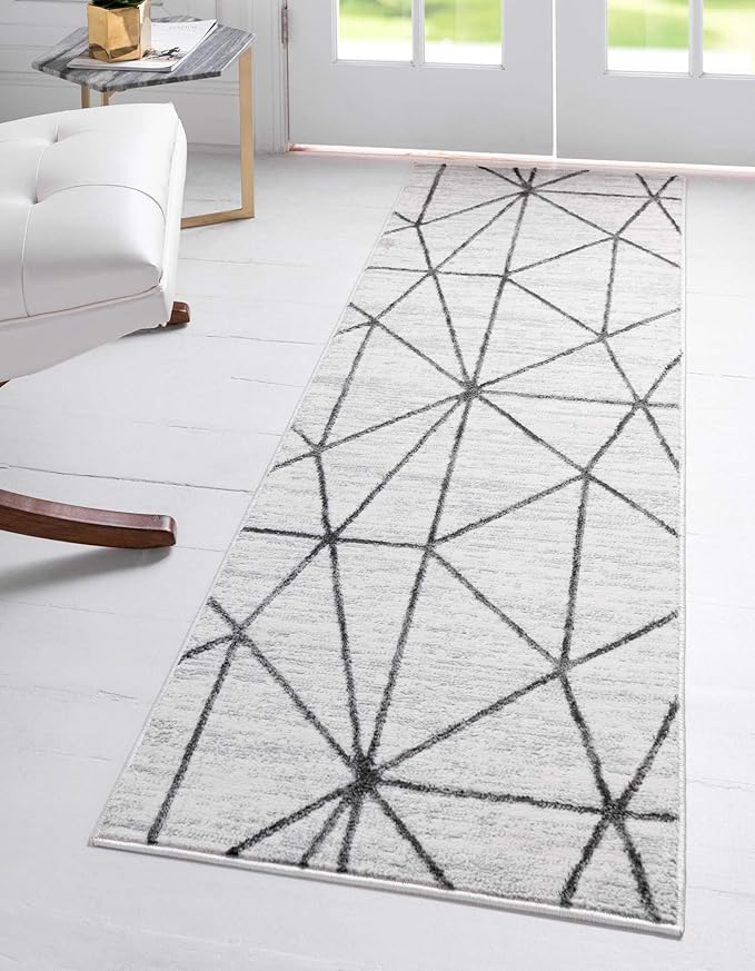 Rugs.com Lattice Trellis Collection Rug – 10 Ft Runner White Low-Pile Rug Perfect for Hallways, Entryways