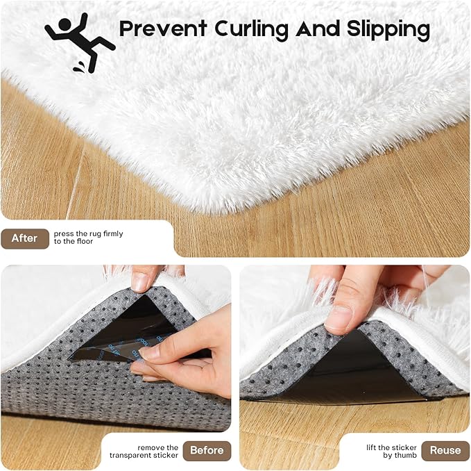 4x6 Cream White Rugs for Bedroom Living Room, Fluffy Small Area Rug Soft Shag Carpet for Kids Boys and Girls Room with 4 Rugs Non-Slip Stickers Dorm Home Decor (4ft x 6ft)