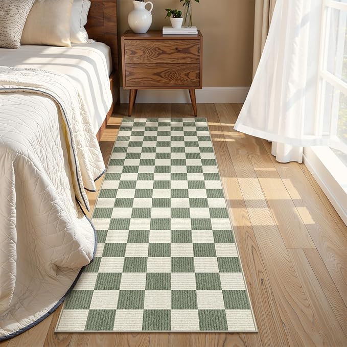 LIVEBOX Washable Runner Rug Checkered, 2x6 Green Runner Rugs for Hallway, Non-Slip Kitchen Runners, Farmhouse Neutral Classic Geometric for Hallways, Entryway, Bedroom, Bathroom(Green 2'x6')