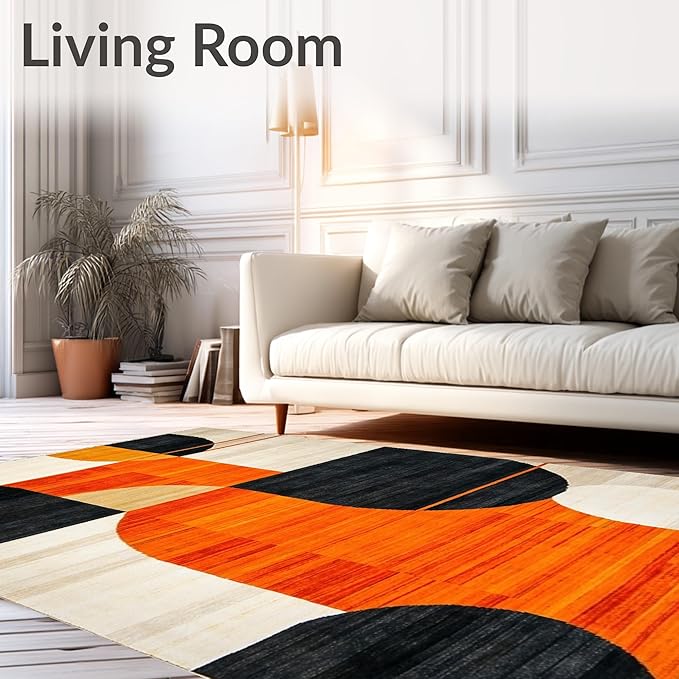 Flatwoven High Traffic Area Rug 6x9, Copper Black Orange Geometric Abstract Design, Non Slip, Stain Resistant, Washable Area Rugs for Living Room, Bedroom (Orange, 6x9)