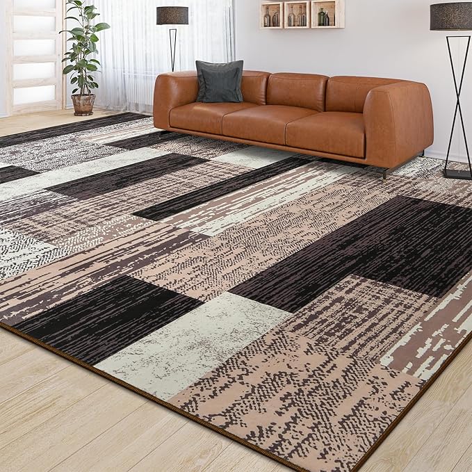 Large Area Rugs,Modern Geometric Patchwork Floor Decor for Bedroom Aesthetic Carpet, Rockwood Collection, Indoor Rugs for Living Room Dining Room Nursery Office Machine Washable Rug, 8x10 Ft Chocolate