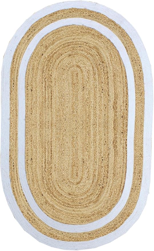 Oval Runner 2.6x24 Kilim Jute Runner Natural Oval Thick 0.27" Solid Design Beige White Hand Braided Jute Flatweave Mat Handmade Boho Indoor Outdoor Rugs for Hallway Enterway Staircases Corridor