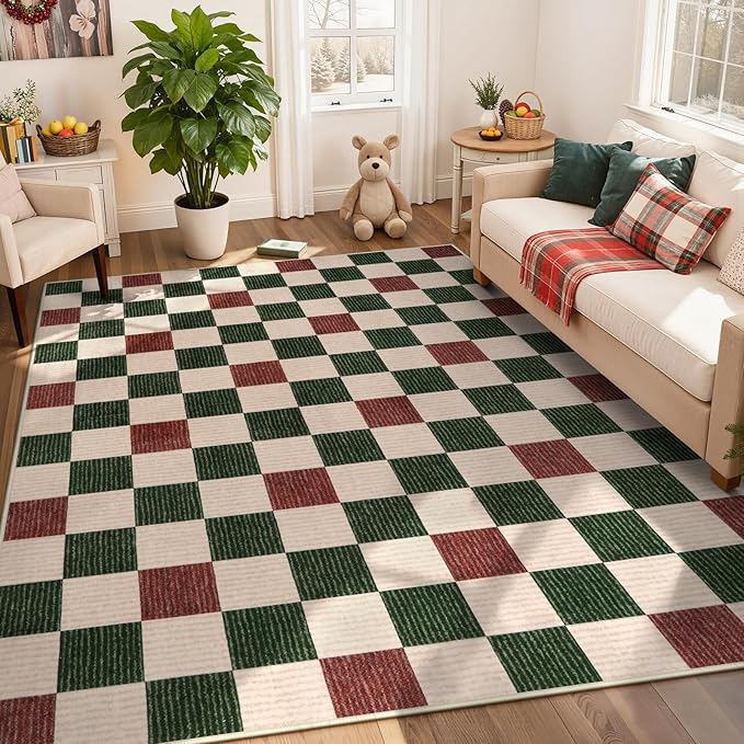 LIVEBOX 8x10 Area Rugs for Living Room Clearance, Checkered Non-Slip Washable Rugs, Farmhouse Neutral Classic Pattern Boys Area Rug for Bedroom, Carpet for Dining Room(Red,8'x10')