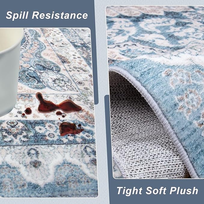 2x3 Small Area Rug for Entryway, Soft Washable Rugs with Non-Slip Backing for Bedroom Kitchen, Vintage Throw Carpet Laundry Entry Door Decor, Blue & Beige