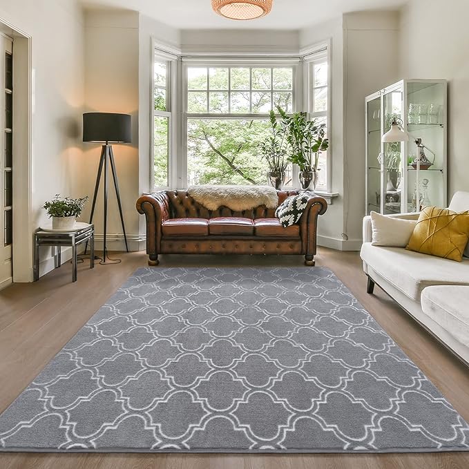 Amearea Fluffy Indoor Area Rug, Soft Trellis Moroccan Rugs for Bedroom, Shag Modern Area Rug for Living Room Kids Room Nursery, Easy Clean, Home Decor Low Pile Carpet, Light Gray 6x9 Feet