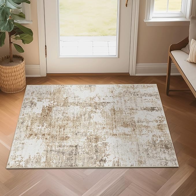 FMFUNCTEX Entryway Rug 2x3 Washable Brown Grey Modern Abstract Door Mat Non Slip Low Pile Indoor Carpet Soft Small Entrance Throw Rugs for Entrance Entry Bedroom Kitchen Bathroom Laundry, Grey Gold
