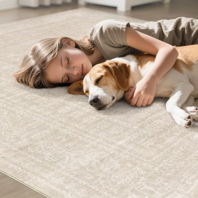 8x10 Area Rugs Living Room: Washable Large Vintage Beige Rug Neutral Non-Slip Soft Stain Resistant Indoor Carpet for Bedroom Nursery Dining Room Under Table Bed Home House Office Playroom