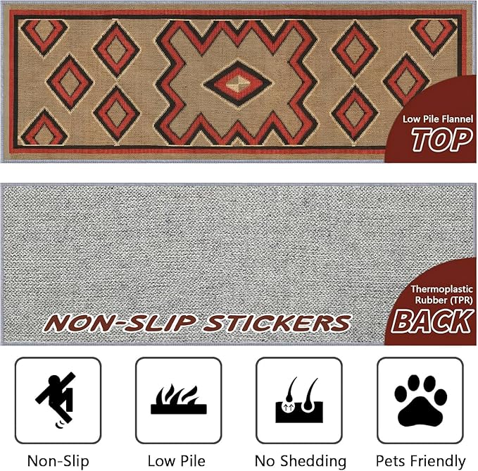 Brown Base Red Black Diamond Runner Rug, 1.3x7ft Zigzag Pattern Hallway Runner Rug, Corridor & Foyer High-Traffic Area Rugs, Durable Flannel Carpet Non-Slip Mat, Southwestern Home Decor