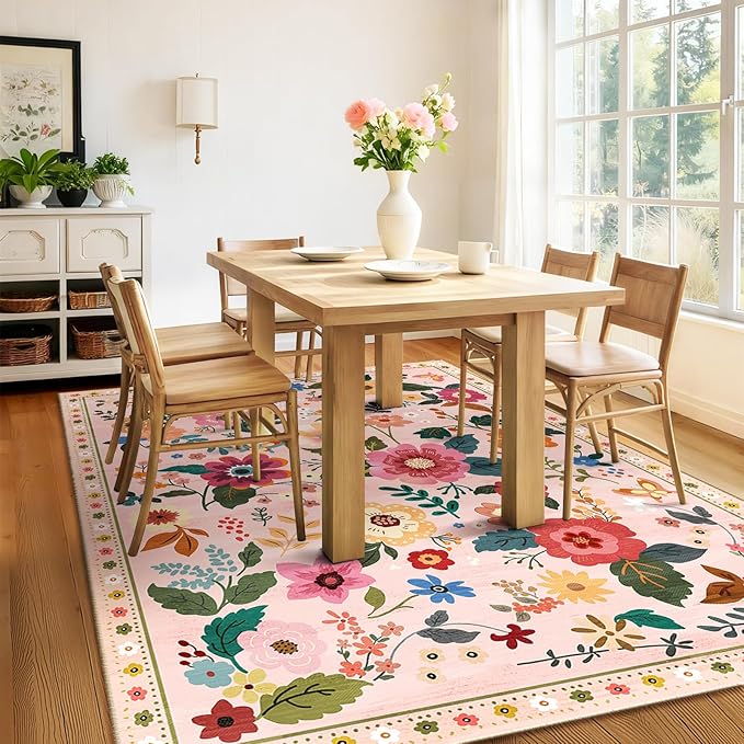 Floral 8x10 Area Rug Machine Washable Soft Print Boho Carpet Non Slip Doormat Low Pile Flower Area Rugs for Living Room Bedroom Nursery Kitchen Dining Room Indoor-Pink